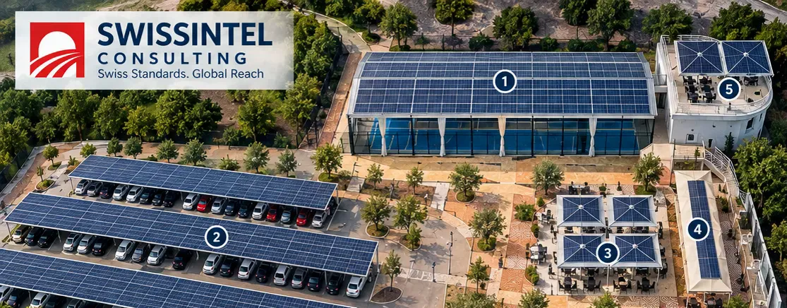 Vista aérea del conjunto con las cinco estructuras solares numeradas