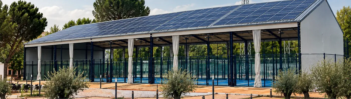 Pista de pádel cubierta con una cubierta a dos aguas de placas solares
