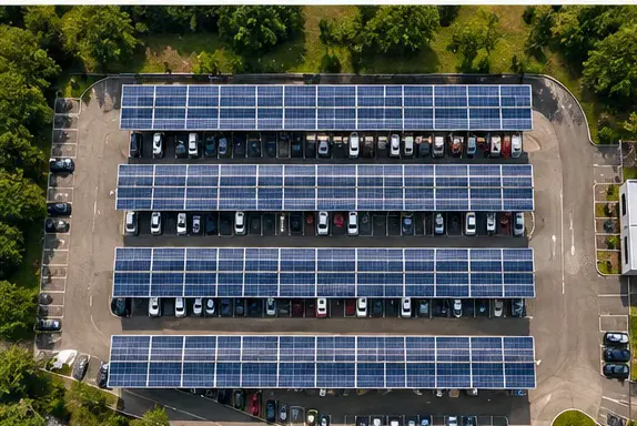 Vista aérea de las filas de pérgolas solares del aparcamiento
